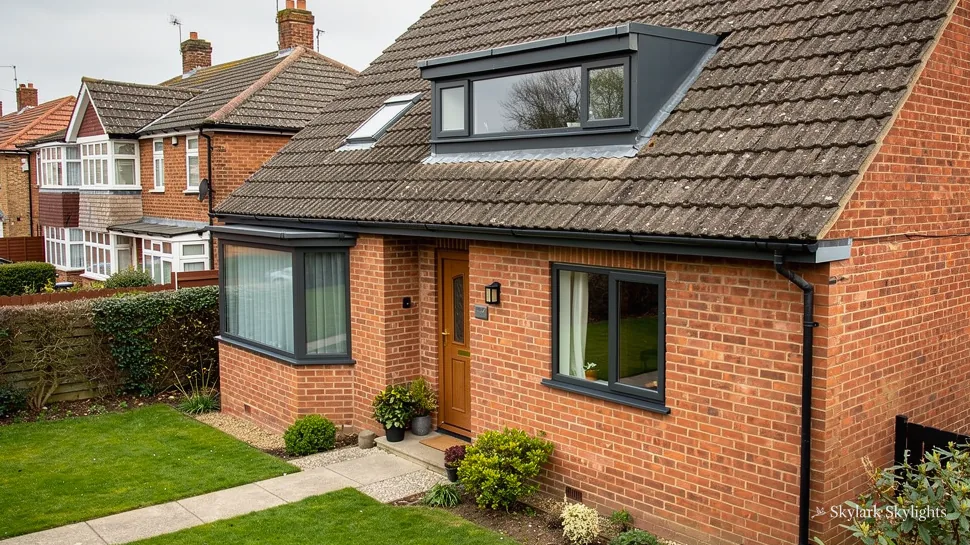 Brick house with an angled dormer and a roof window, front lawn