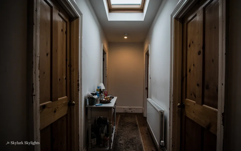 Dark narrow corridor between panelled doors, lit from above
