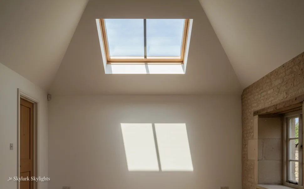 Roof window above a doorway in a pale loft room