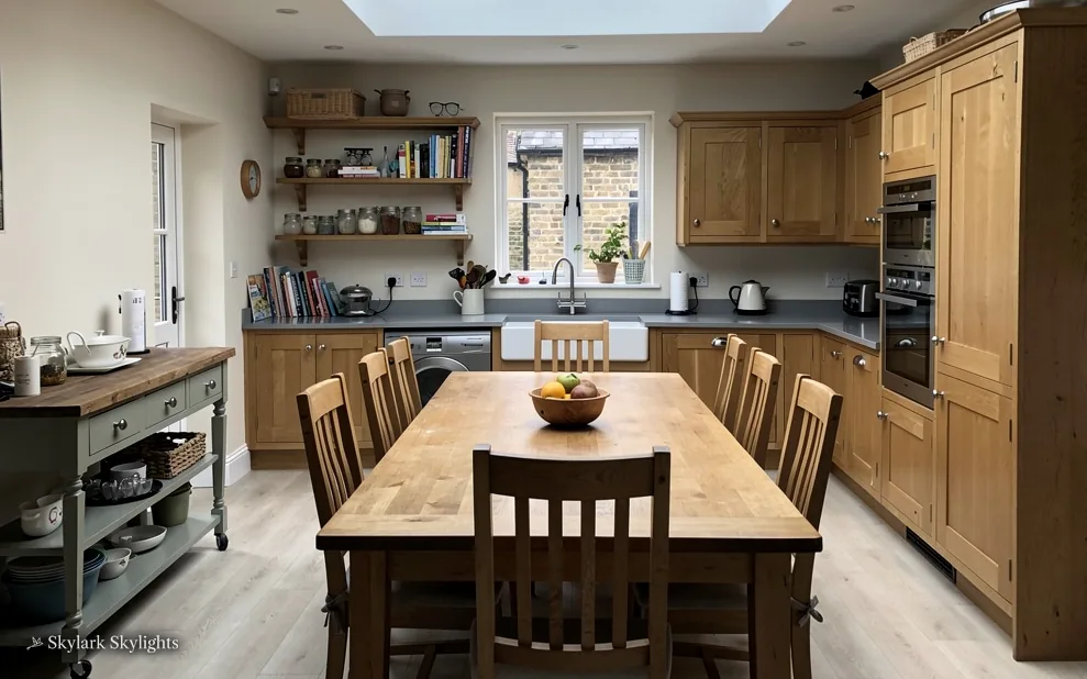 Farmhouse kitchen with a long table and wooden units