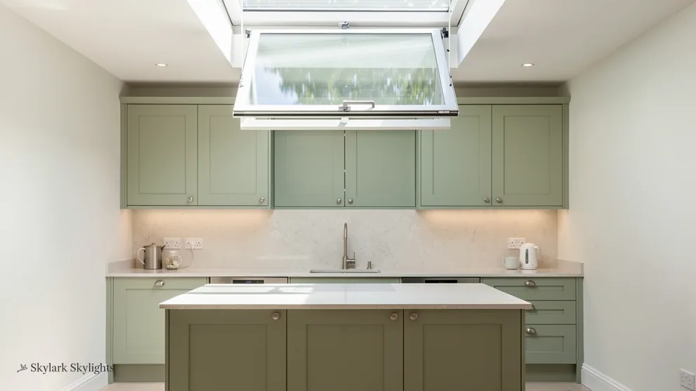 Kitchen island with an opening rooflight tilted open overhead