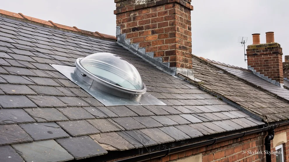 Dome rooflight on a slate roof beside a brick chimney stack