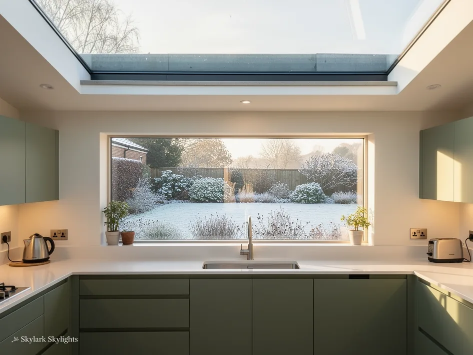 Kitchen sink under a wide picture window, with a flat rooflight above