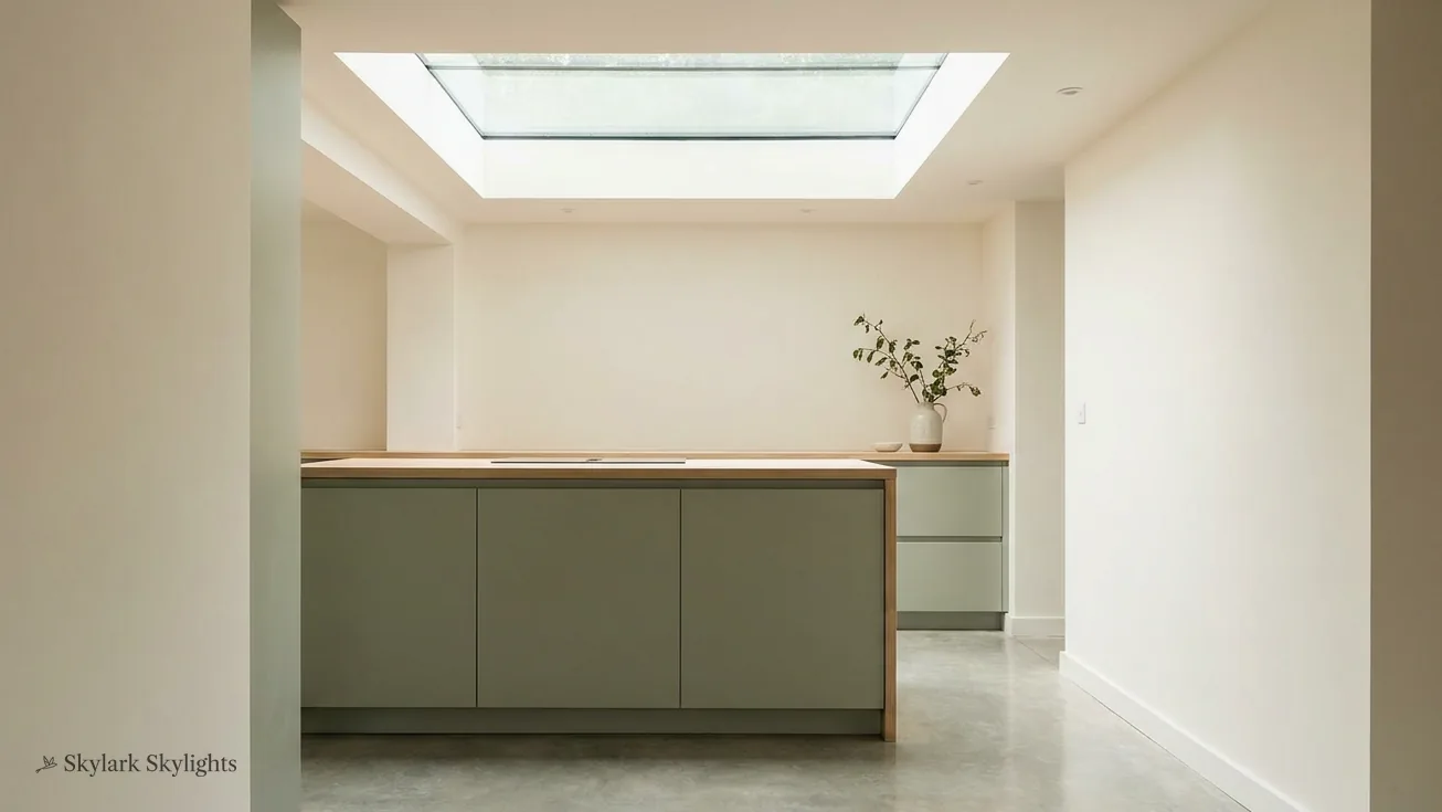 Plain kitchen with a green island and a flat rooflight letting light onto the floor