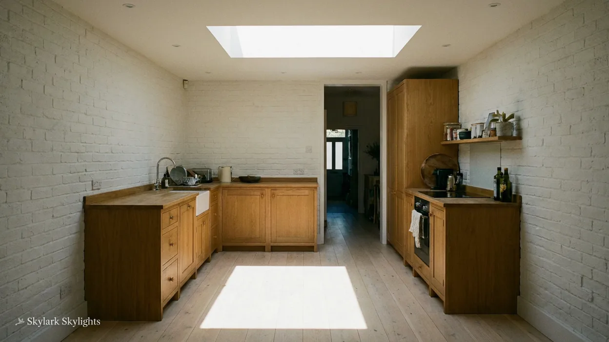 Wooden kitchen units with a patch of daylight on the floor from a rooflight above