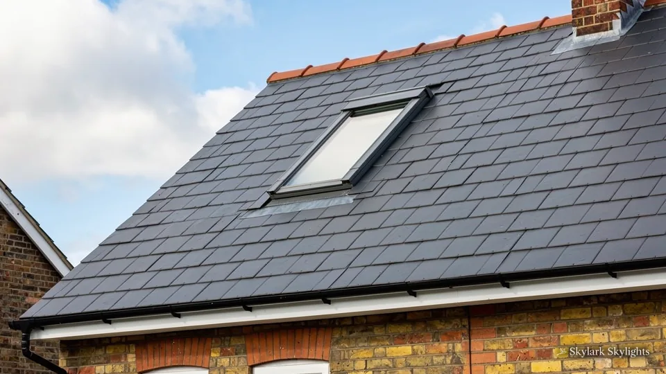 Roof window in a dark tiled roof above brickwork