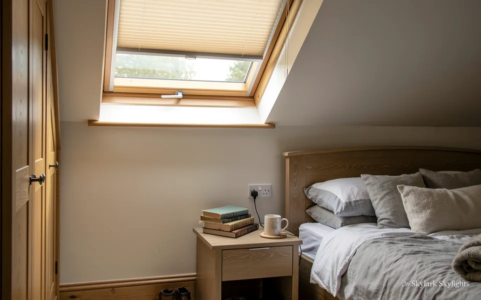 Bedroom with a bedside table under a roof window