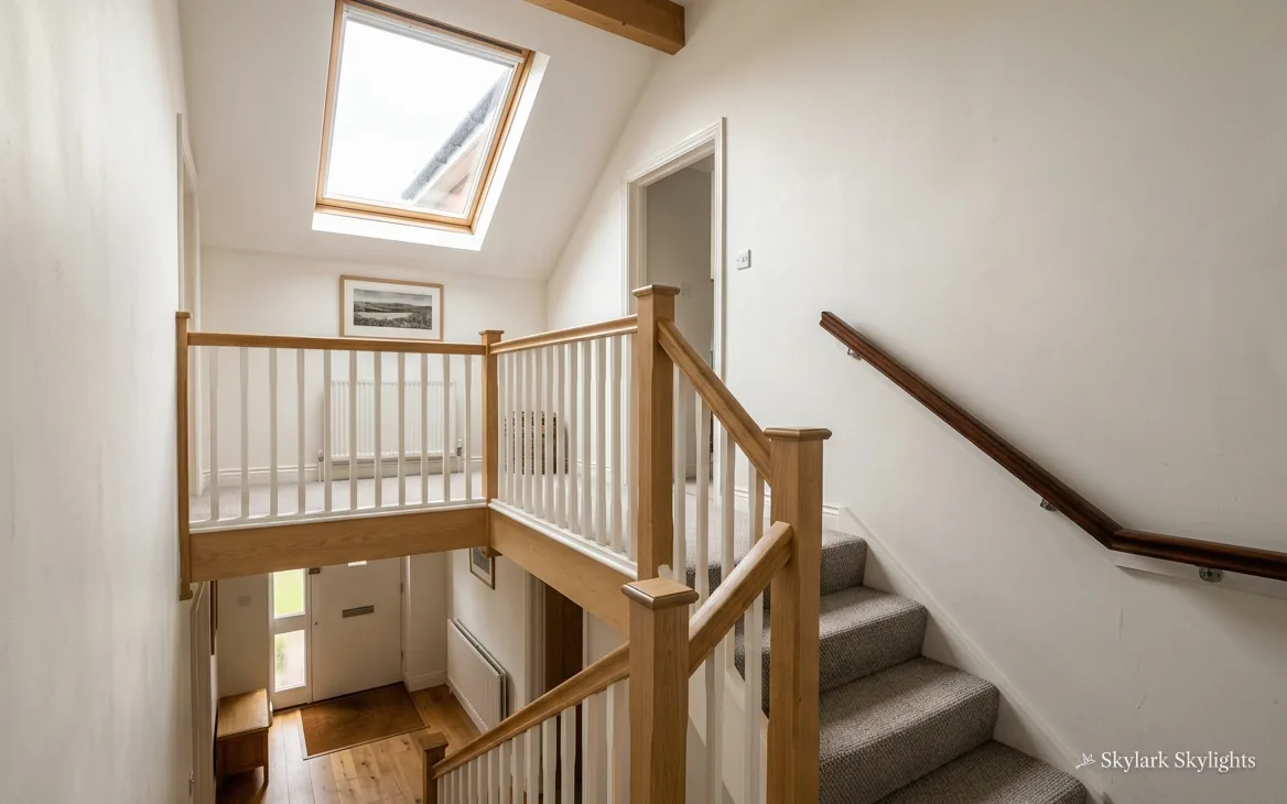 Turning staircase with a timber balustrade under a roof window
