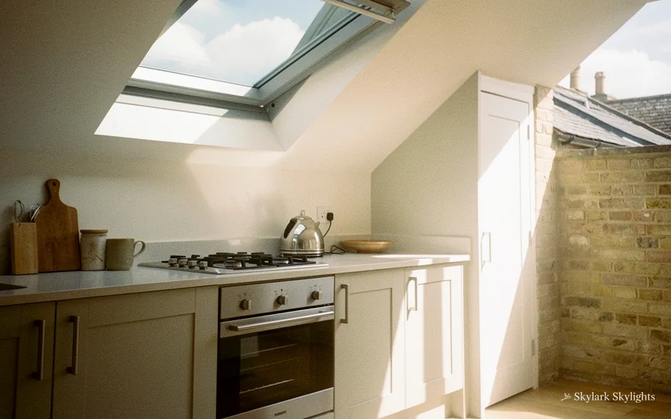 Kitchen with a cooker and a rooflight beside a stone wall
