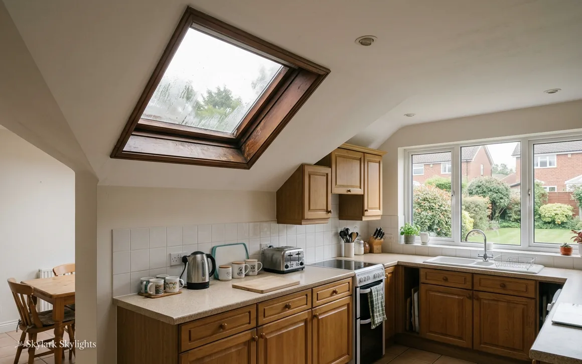 Kitchen with wooden units and a roof window over the worktop