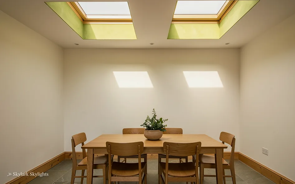 Dining room with a long table and two small rooflights