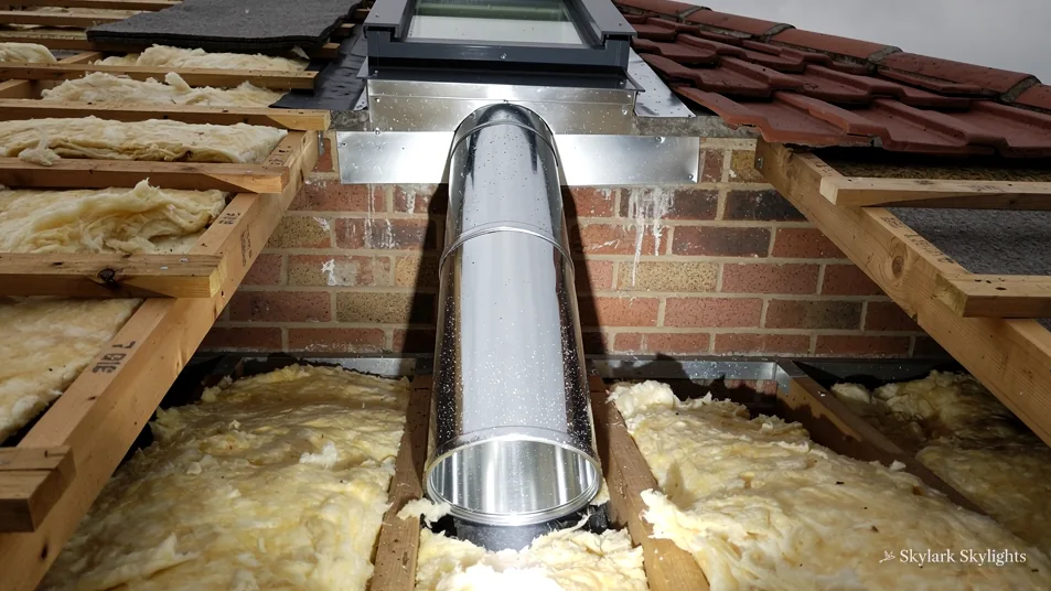 Sun tunnel pipe passing through loft insulation beside a brick wall