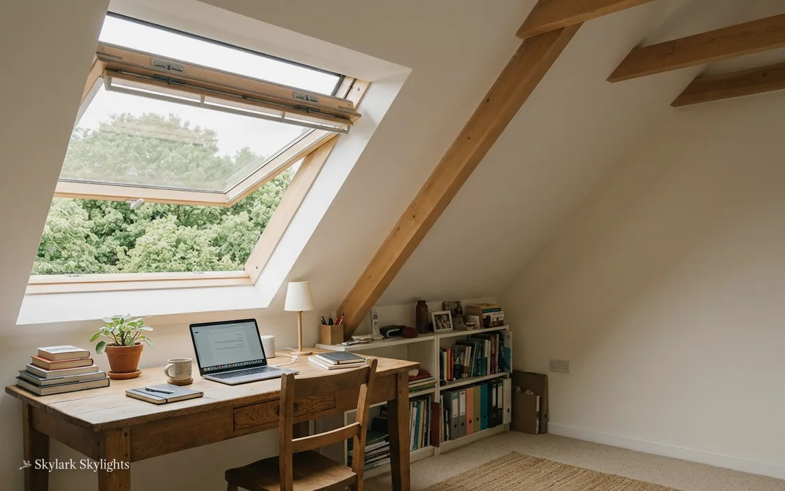 Desk under an open roof window in a loft study
