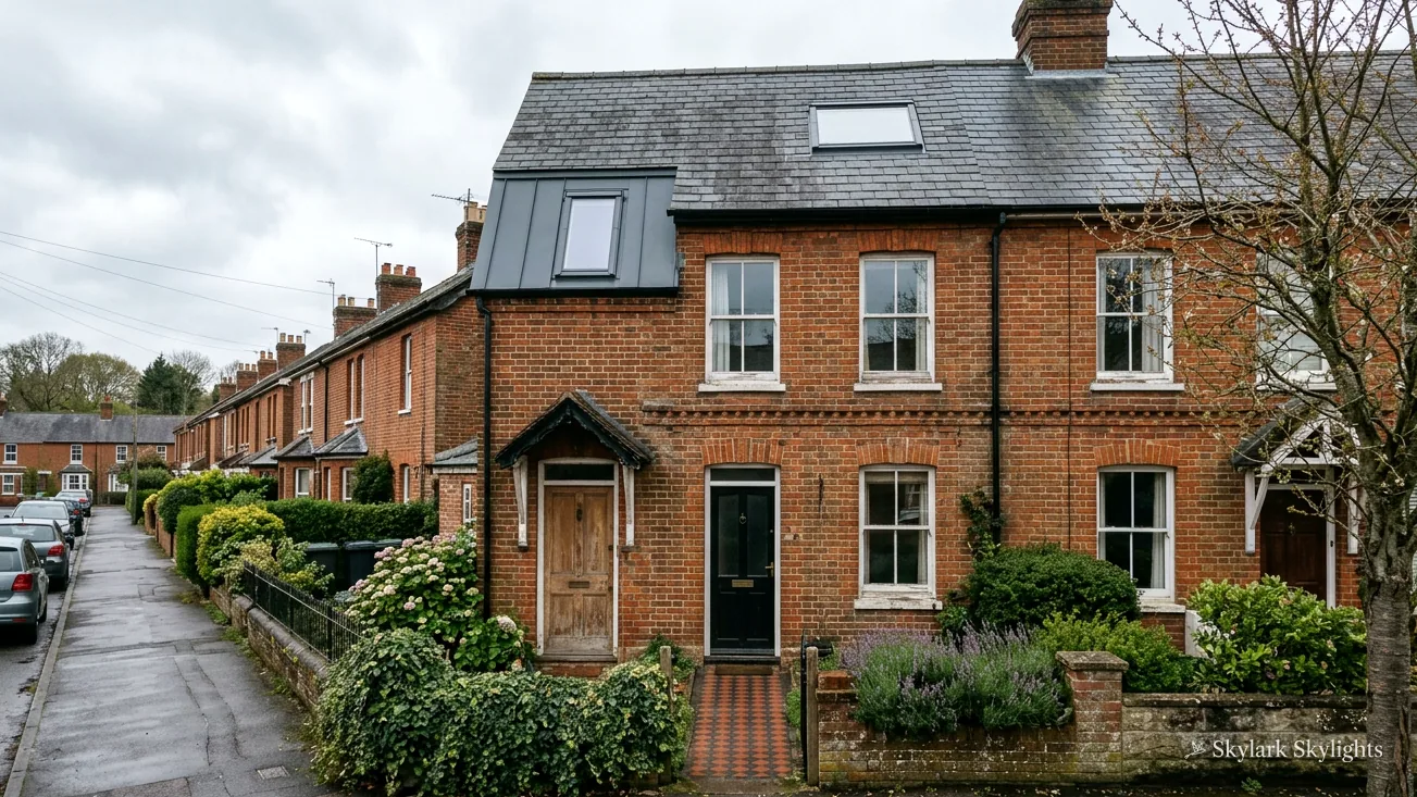 Brick house with a roof window at the end of a terrace row