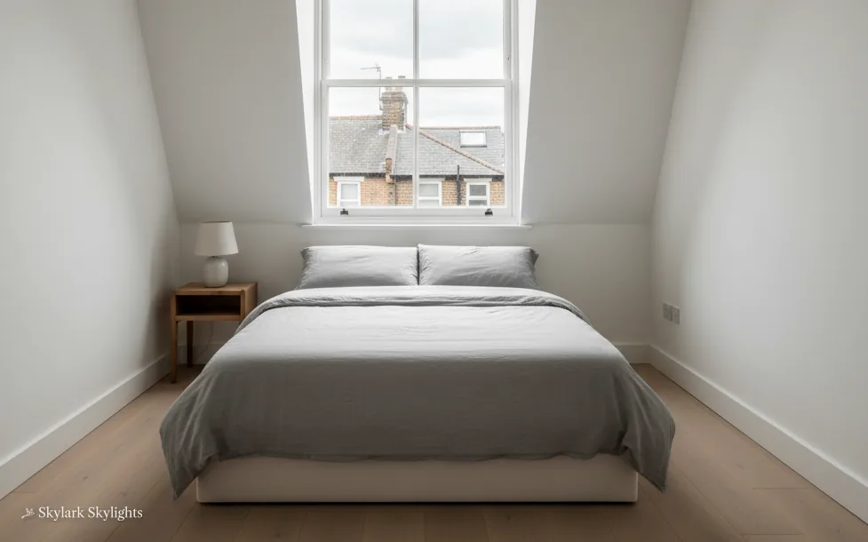 Small bedroom under a sash window in the gable