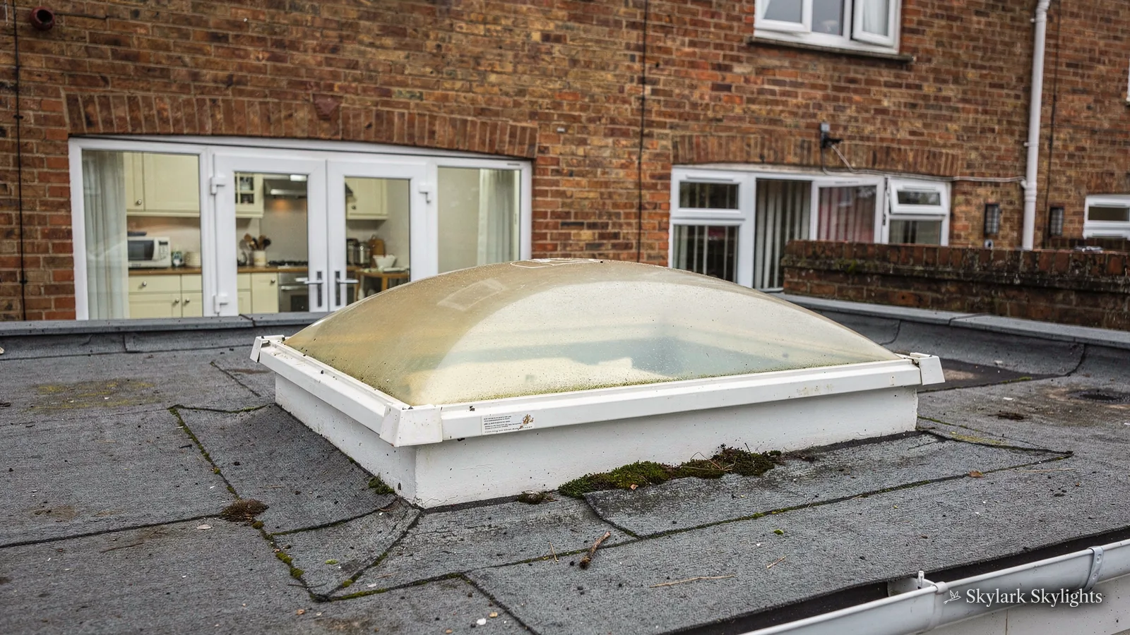 Discoloured dome rooflight on a flat roof outside a brick house