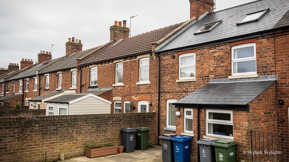 Rear view of red-brick terraces with a flat-roofed outrigger and bins