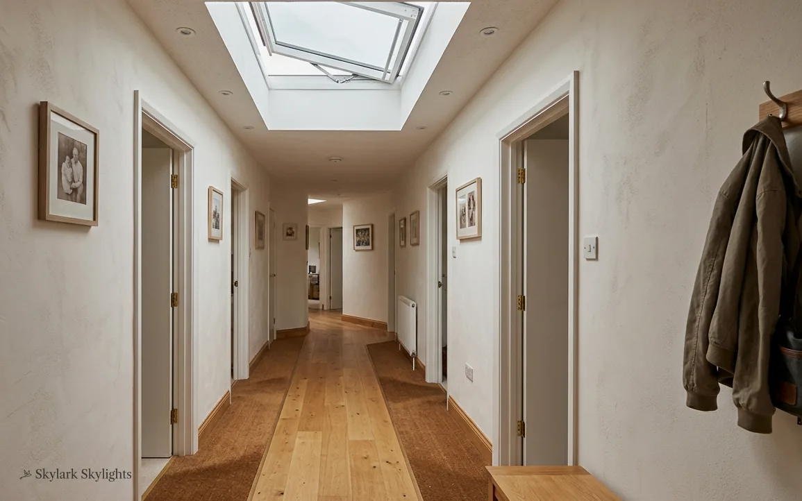 Long corridor with wooden floorboards and coats hanging