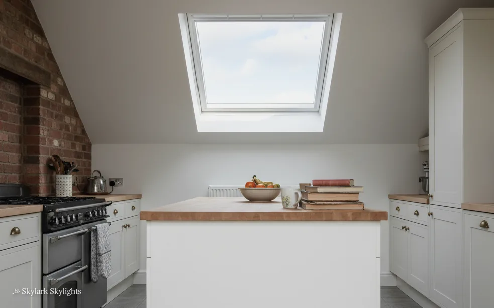 Small kitchen with a range cooker under a sloped ceiling window