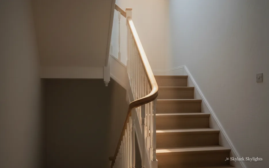 Narrow staircase in a dim stairwell