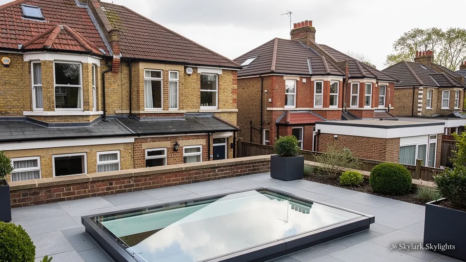 Rooflight on a flat roof in front of a row of brick semis