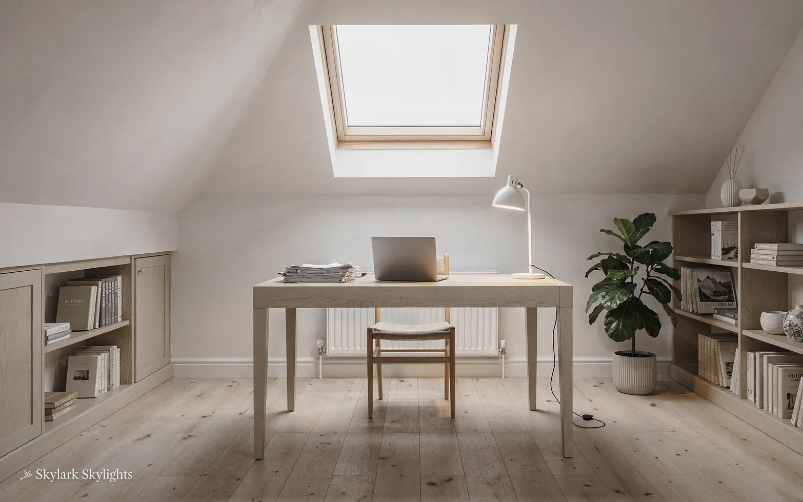 Loft study with a desk and shelves under a roof window