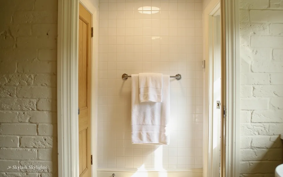 Narrow bathroom with a towel ring and a painted brick wall