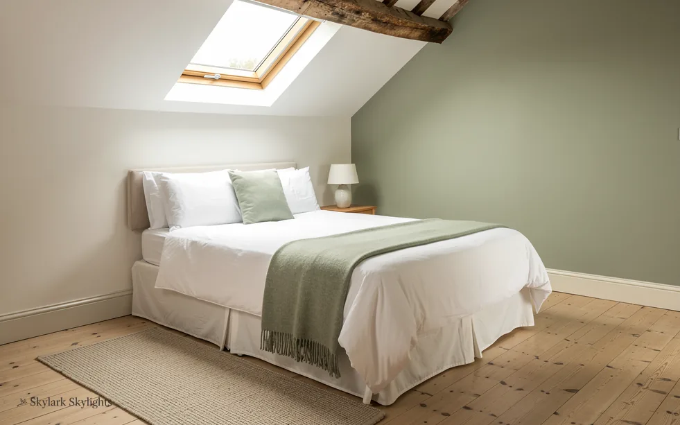 Attic bedroom with a green throw on the bed