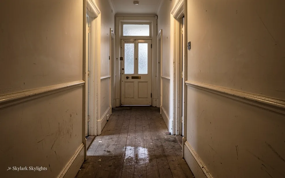 Long narrow hallway with a tiled floor to the front door