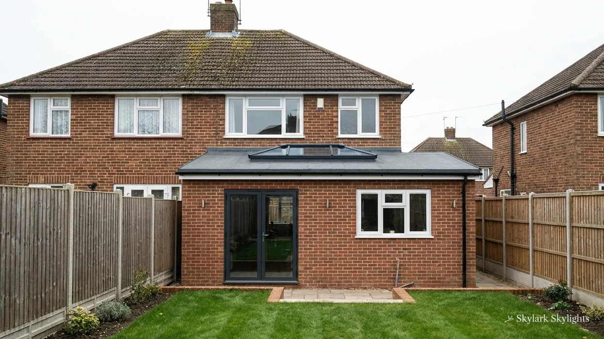 Rear of a brick semi with a single-storey extension and lawn