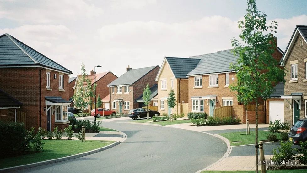 Curving estate road lined with brick houses