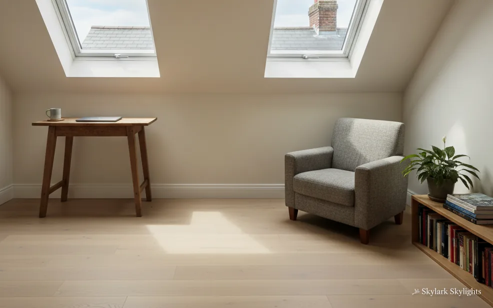 Loft sitting room with an armchair and two roof windows