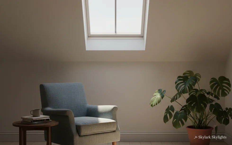 Armchair and a plant in a plain attic room