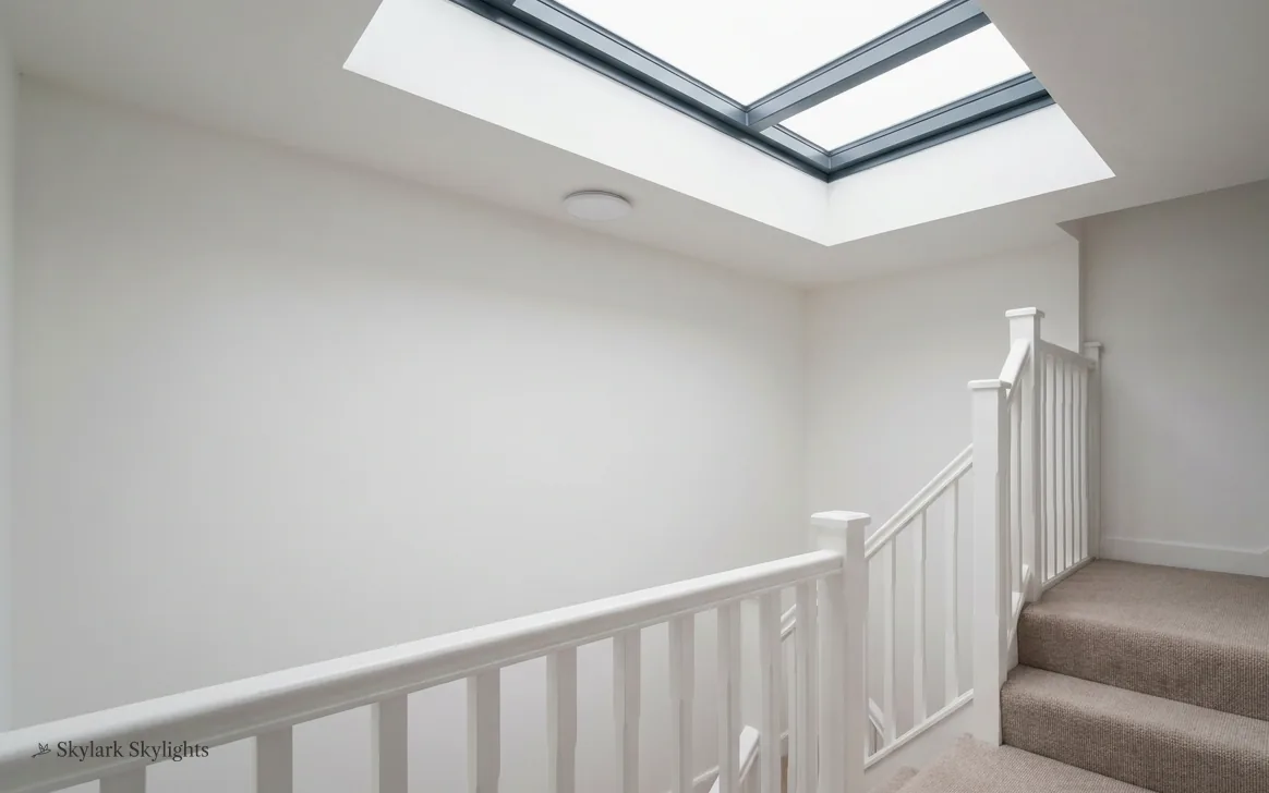 Landing with a white banister under a long rooflight