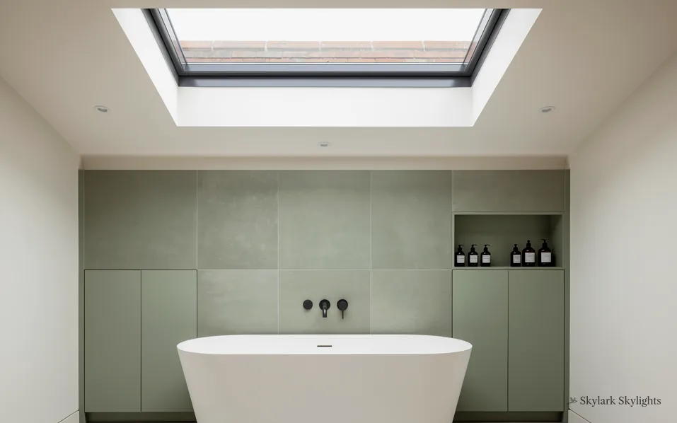 Bathroom with green cabinets and a rooflight over the bath