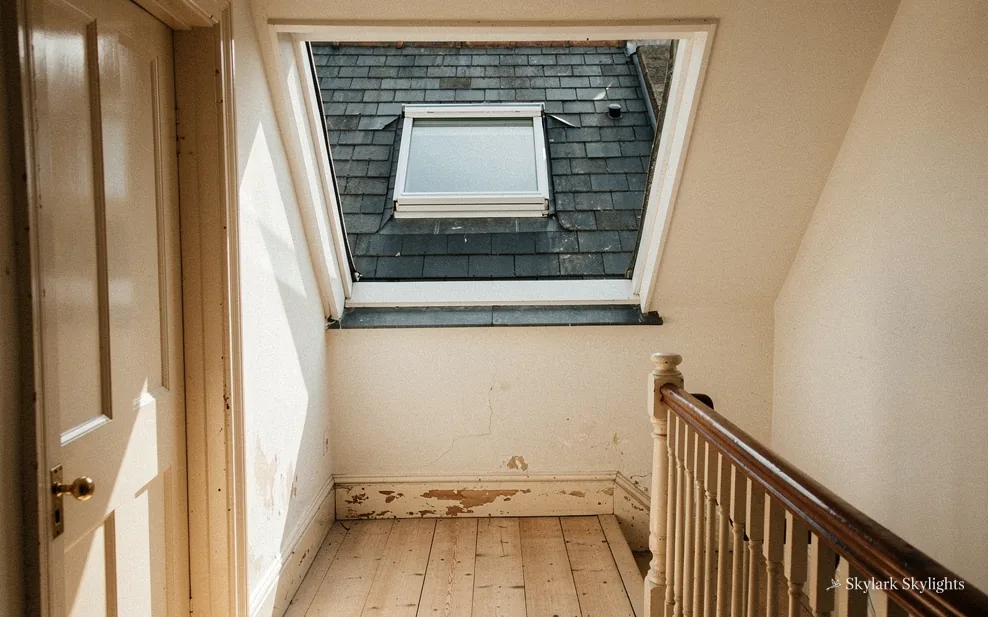 Landing below a roof window set in a slate roof