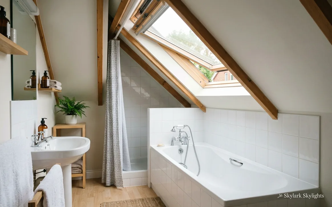Loft bathroom with a basin and bath under a roof window