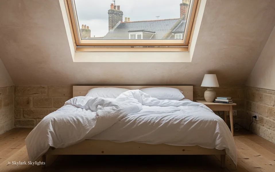 Attic bedroom with a white duvet under a roof window