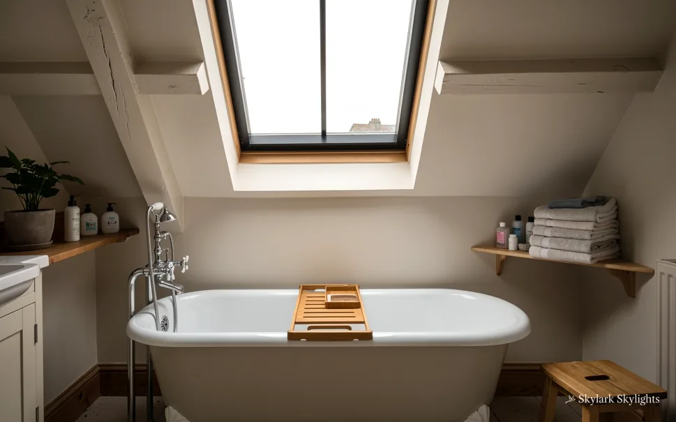 Loft bathroom with a roll-top bath under a roof window