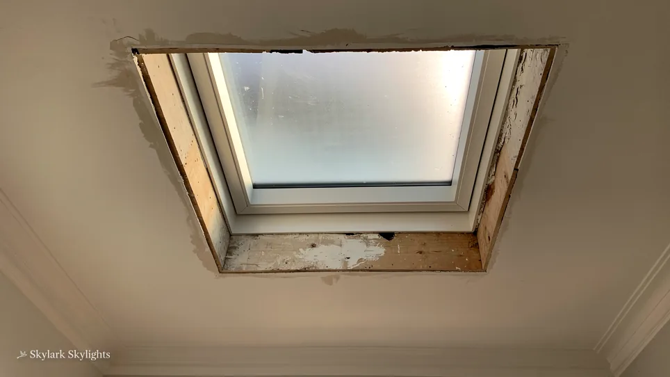 Old roof window with a worn frame and cloudy glass in a plastered ceiling