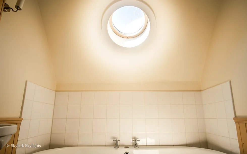 Tiled bathroom wall beneath a round window