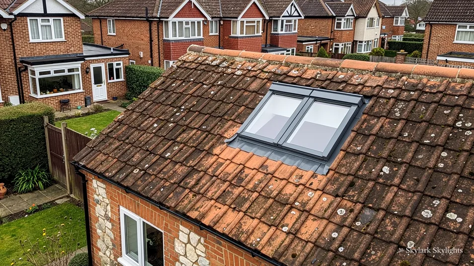 Roof window in an old clay-tiled roof above brick terraced houses