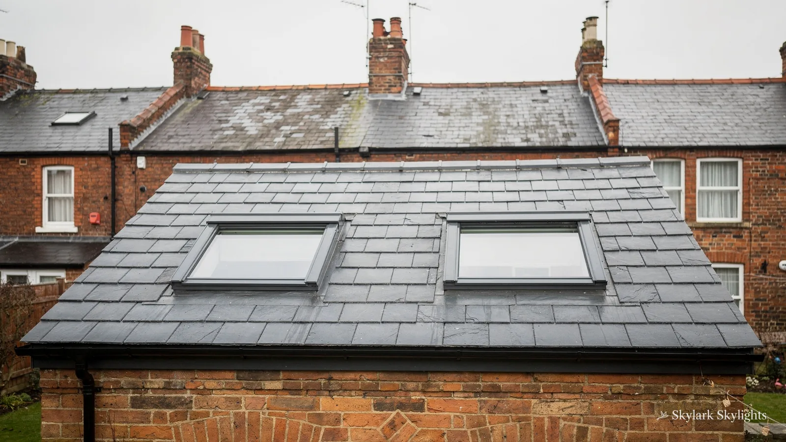 Slate roof with two roof windows above a brick wall