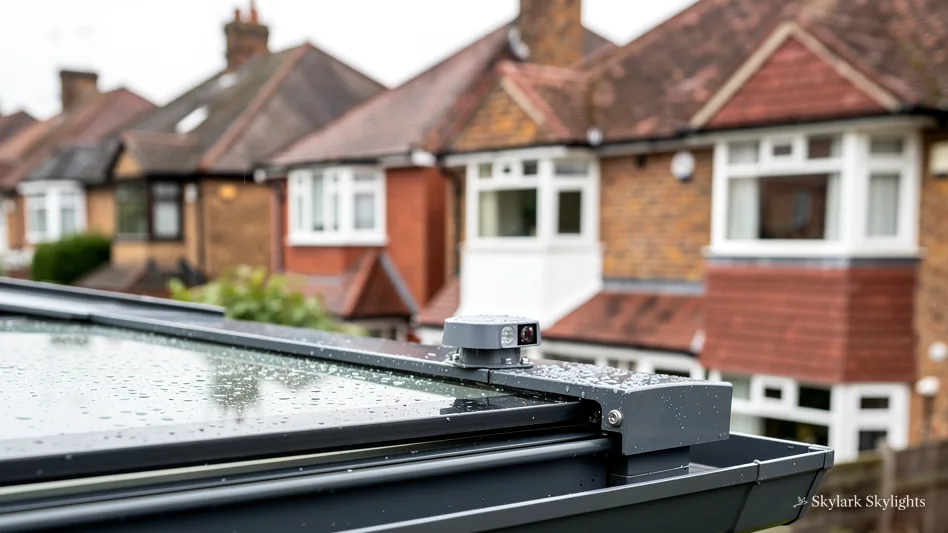 Rain on the glass of a rooflight, brick semis in the background