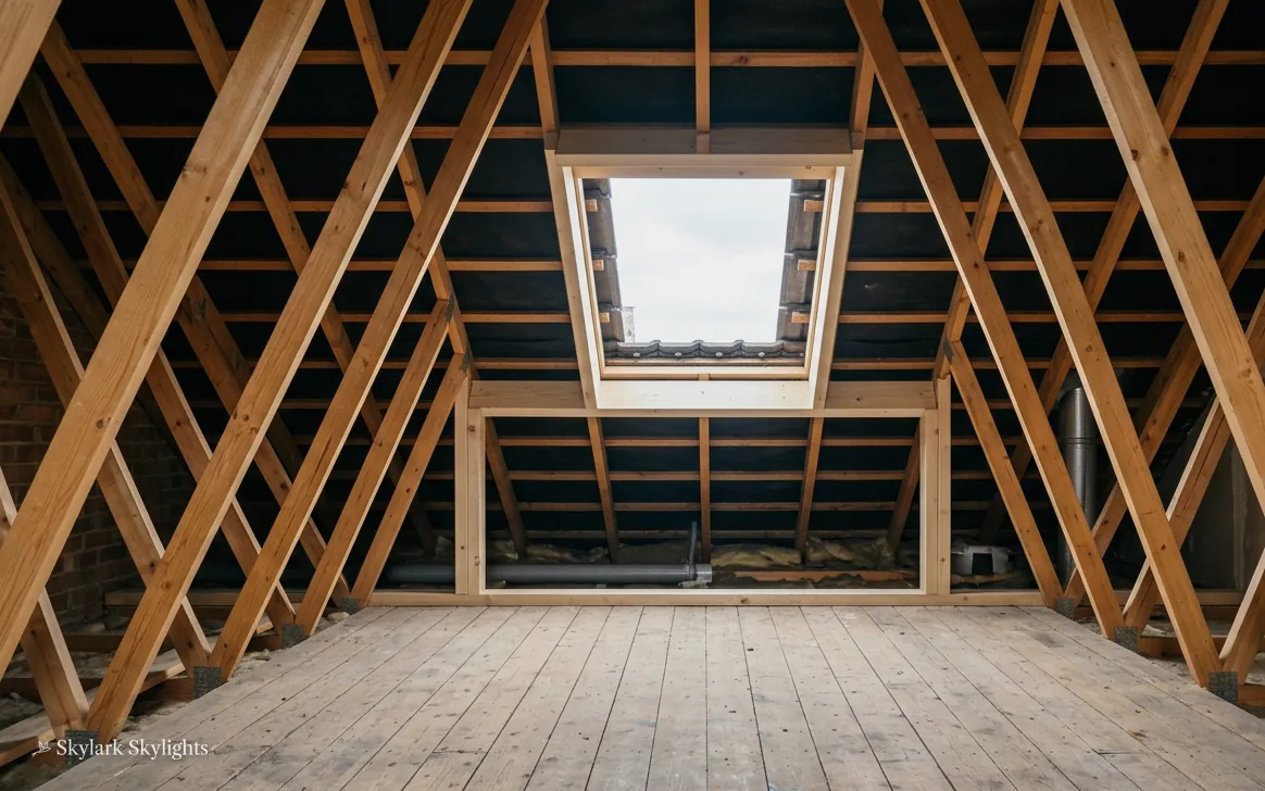 Dark unconverted loft with timber trusses and a single roof window