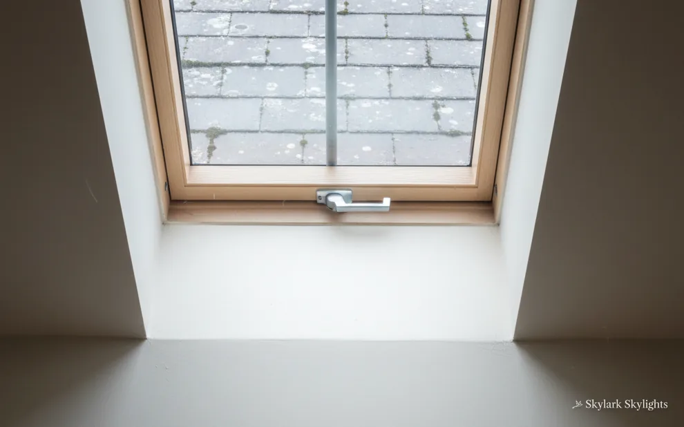 Roof window in a deep white reveal with slates beyond