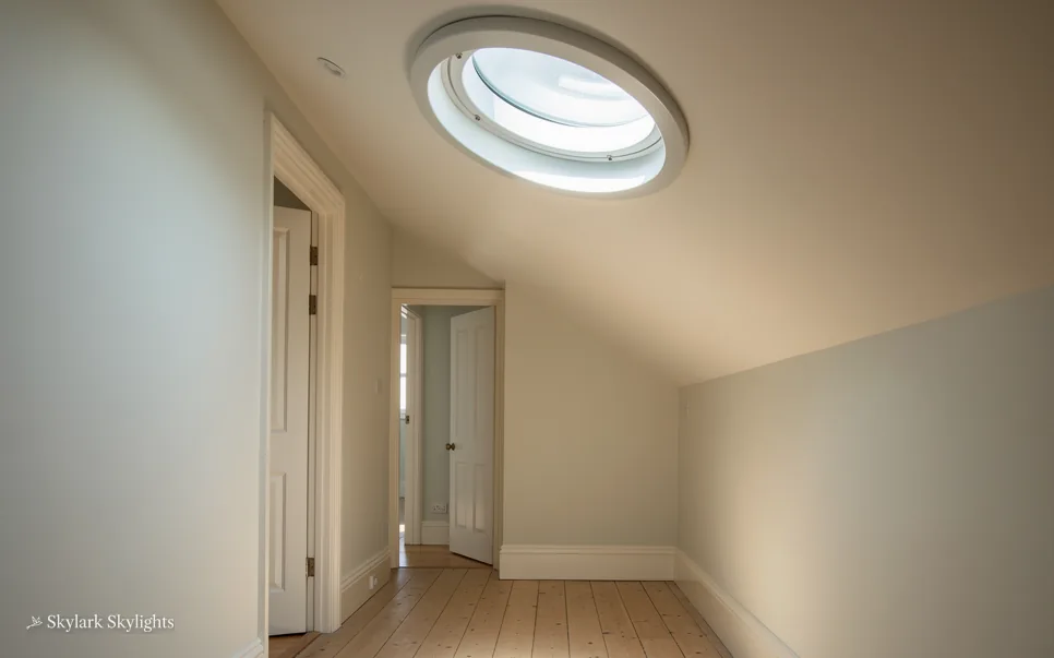 Pale corridor with a round sun tunnel in the sloping ceiling