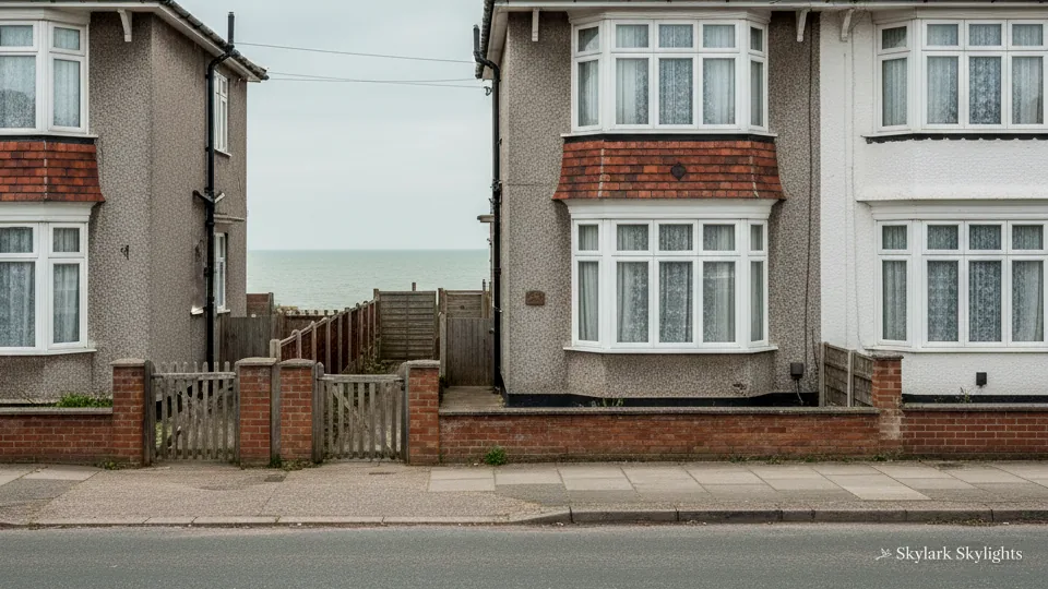 Houses with bay windows behind a low brick garden wall