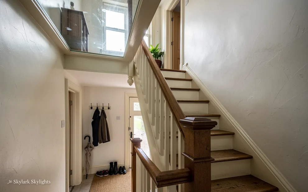 Hallway with stairs and coats hanging by the door