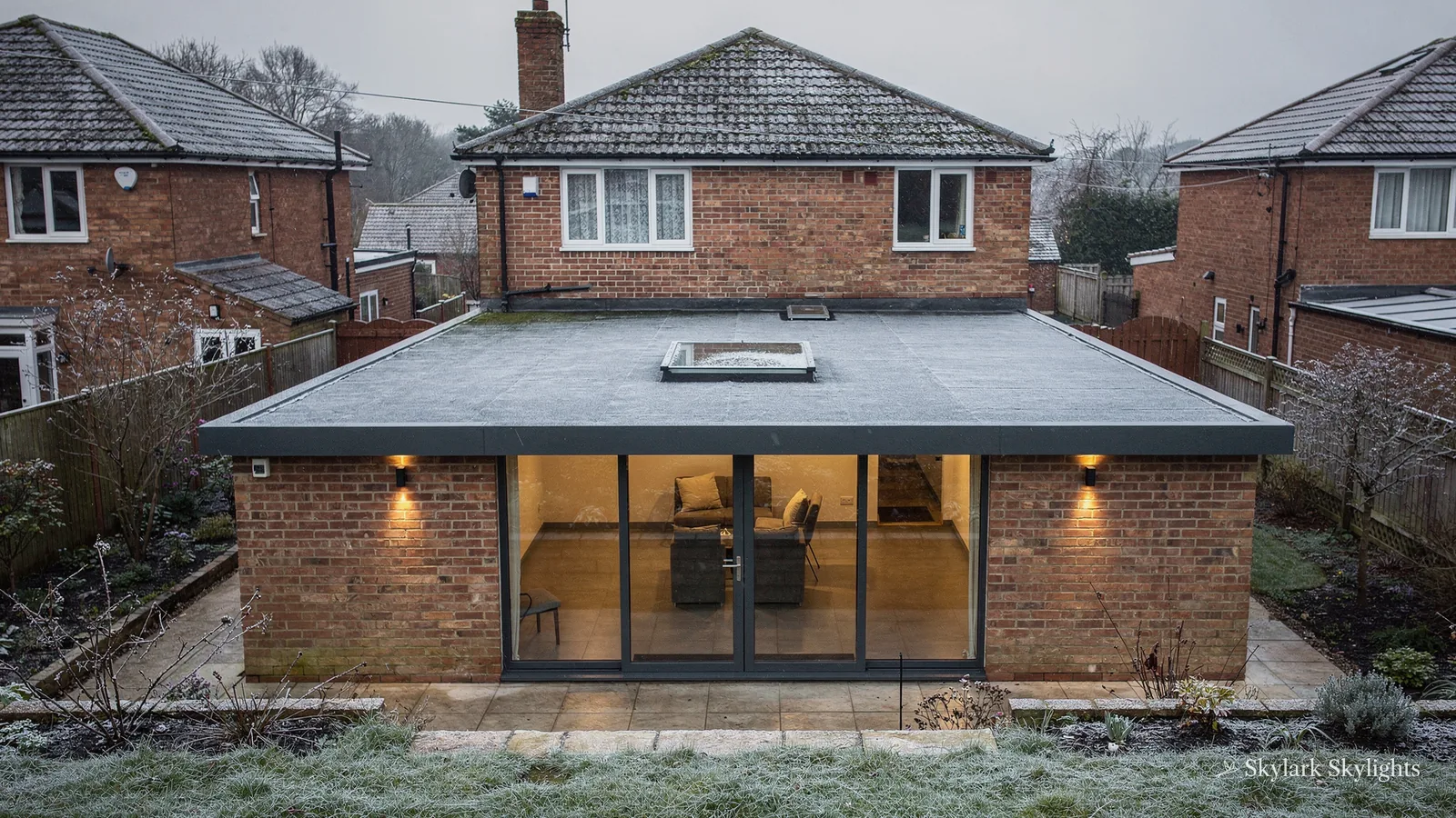 Brick house with a wide rear extension and lit roof lantern